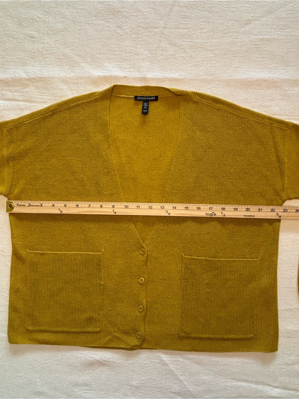 Eileen Fisher Organic Linen/Cotton Gold V-Neck Button Front Cardigan - Picture 9 of 10
